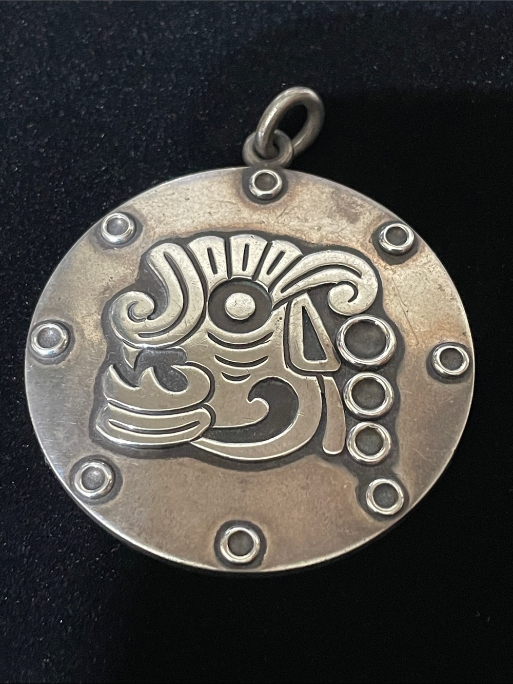 Sterling Silver Aztec-Inspired Round Pendant.